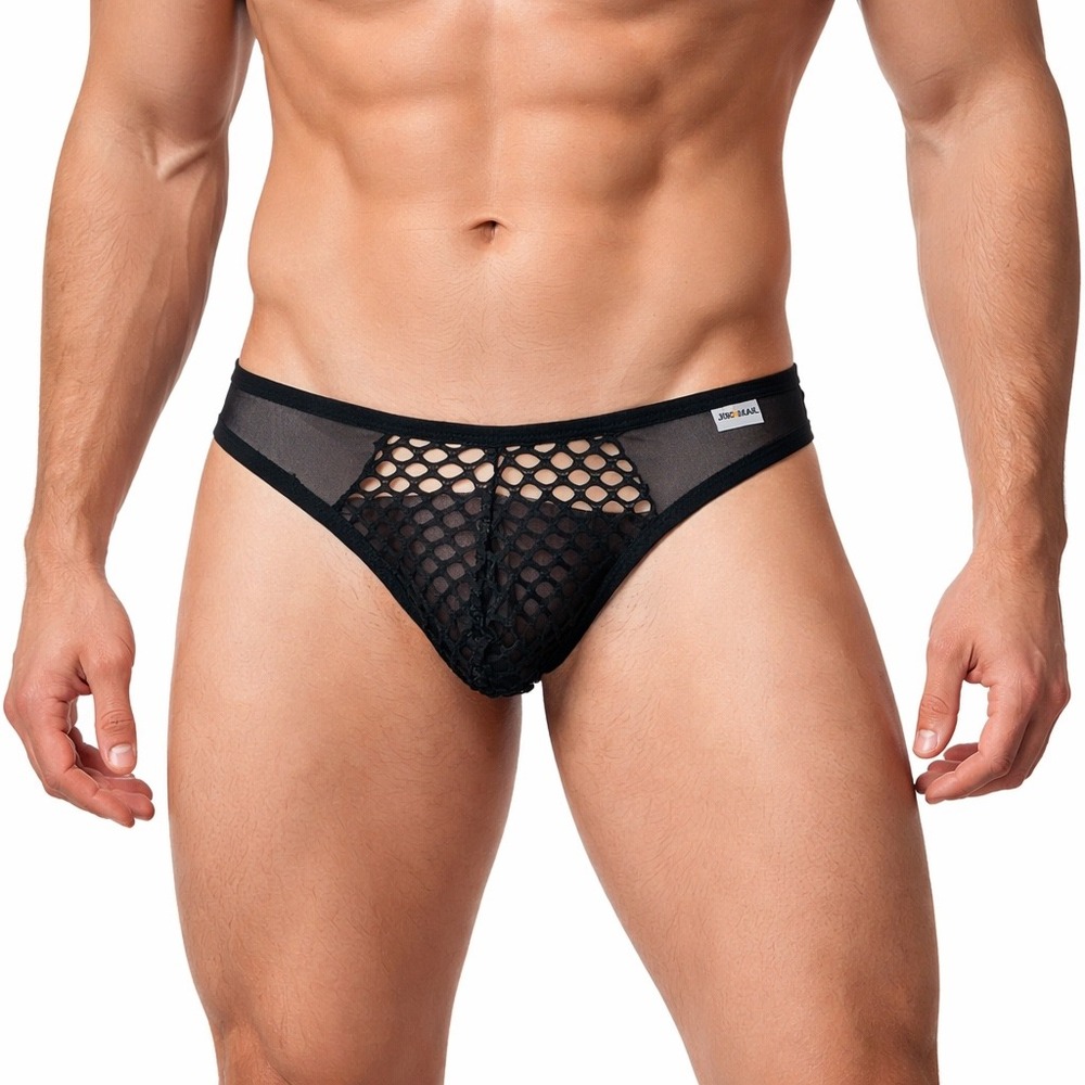 Jockmail Large (30-32) Fishnet Thong Black Sheer Mesh Low Rise Underwear JM220